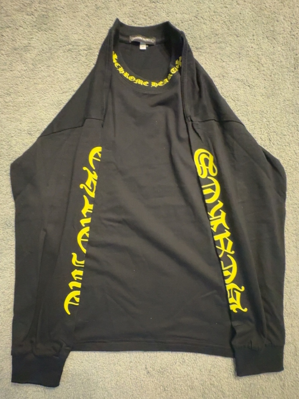 Chrome Hearts Black Crewneck Sweater with Yellow Sleeve Script